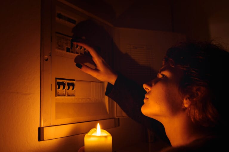 erson bei Kerzenlicht während eines Stromausfalls, die einen Sicherungskasten überprüft.