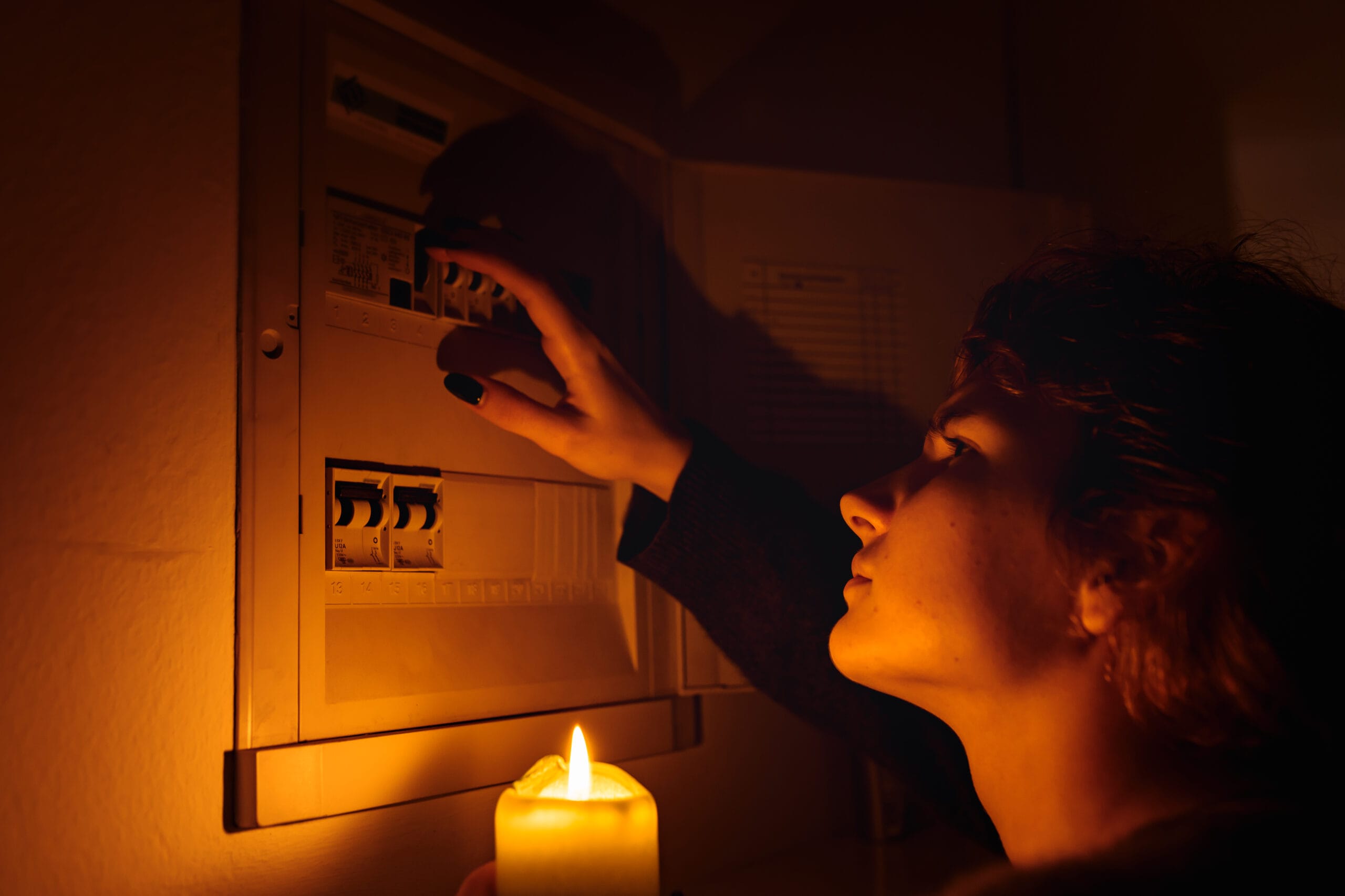 erson bei Kerzenlicht während eines Stromausfalls, die einen Sicherungskasten überprüft.